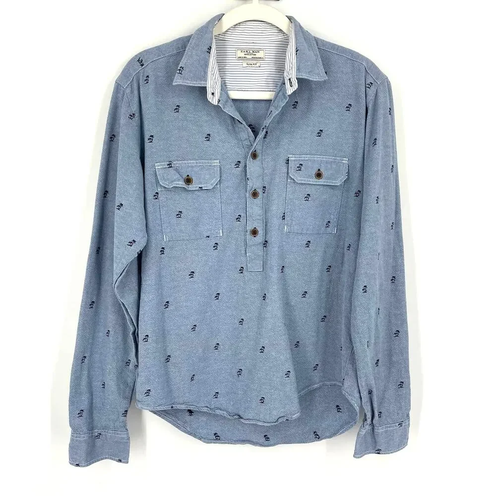 Zara Man‎ Denim Couture Blue Casual Collared Shirt Medium Palm Print Slim Fit